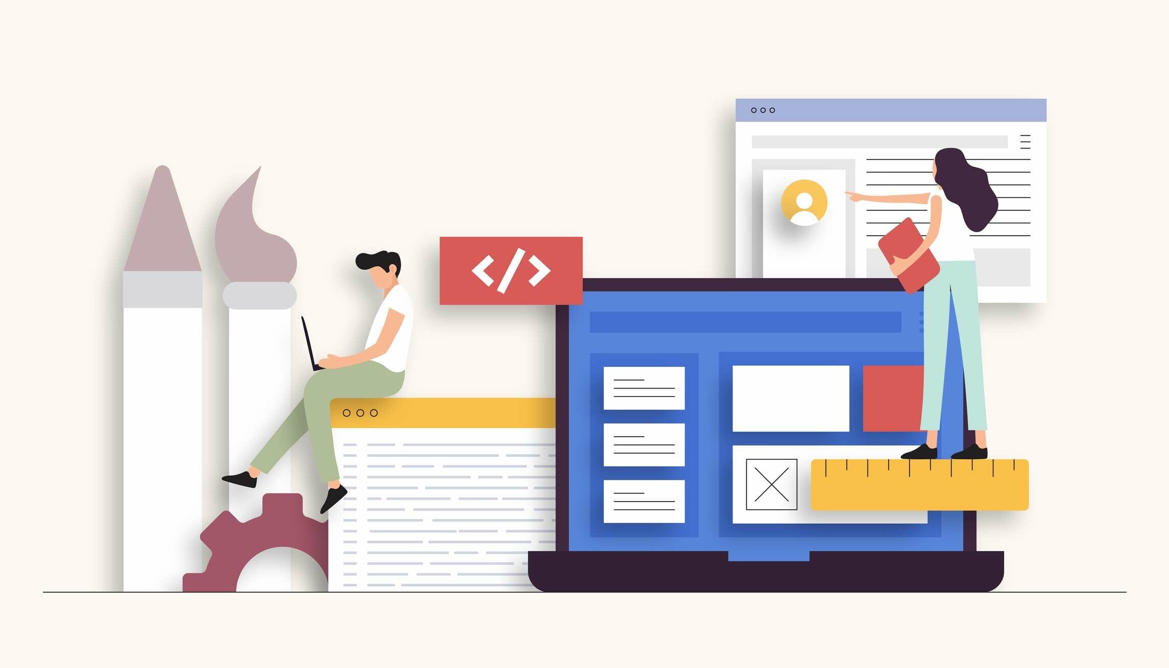 Ilustración vectorial relacionada con el diseño y el desarrollo web. Diseño plano moderno marketing digital soporte en línea permanente